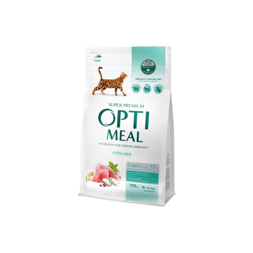 OPTIMEAL „Sterilised” Super Premium pełnoporcjowa sucha karma dla kotek sterylizowanych i kotów kastrowanych – indyk i owies 700 g