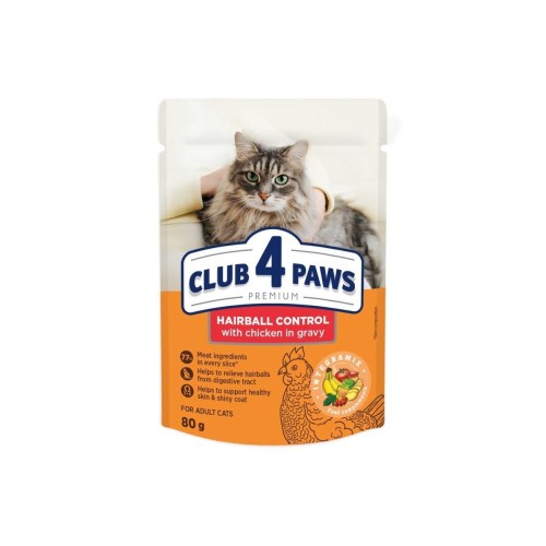 CLUB 4 PAWS Premium „Hairball control” mokra karma dla kotów - kurczak w sosie 80 g