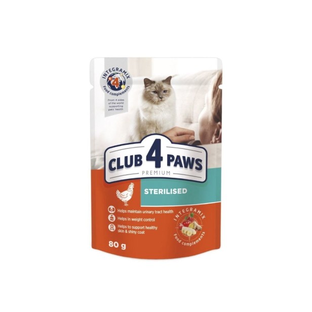 CLUB 4 PAWS Premium mokra karma dla sterylizowanych kotów - kurczak w galarecie 80 g