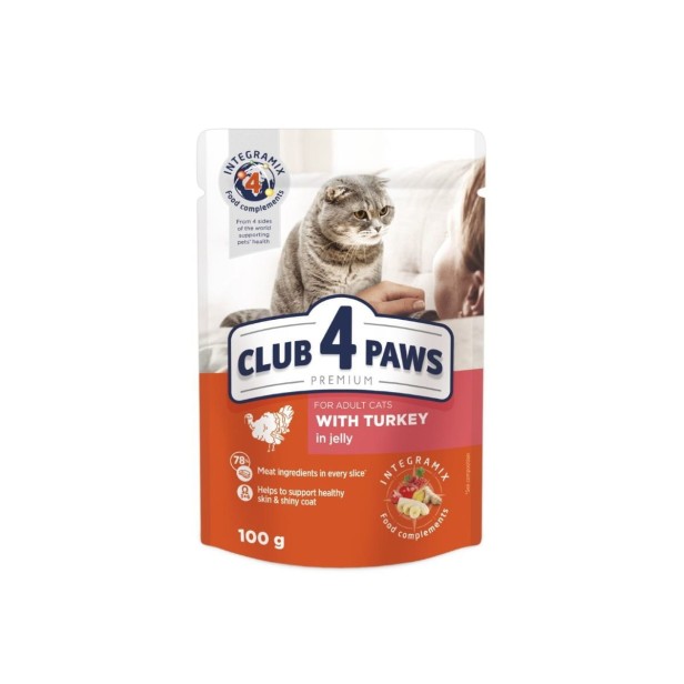CLUB 4 PAWS Premium mokra karma dla kotów z indykiem w galarecie 100 g