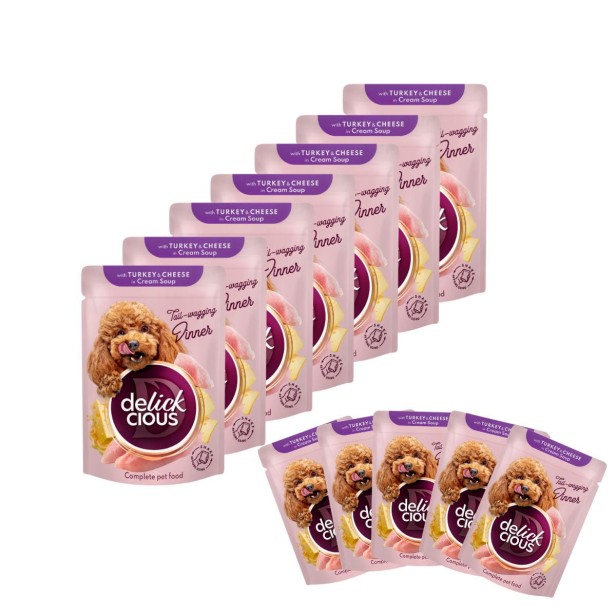 Mokra karma dla psa 12x85g z paskami z indykiem i serem w zupie Delickcious