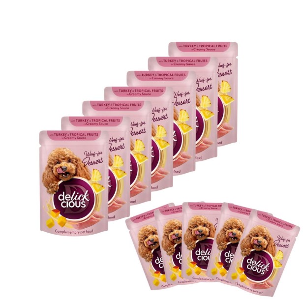 Mokra karma dla psa 12x80g z płatkami z indykiem i owocami tropikalnymi w sosie Delickcious