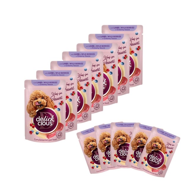 Mokra karma dla psa 12x80g z płatkami z jagnięciną i jagodami w sosie Delickcious