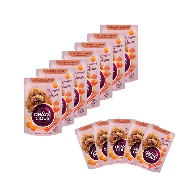 Mokra karma dla psa 12x85g z paskami z łososiem i marchewką w zupie Delickcious