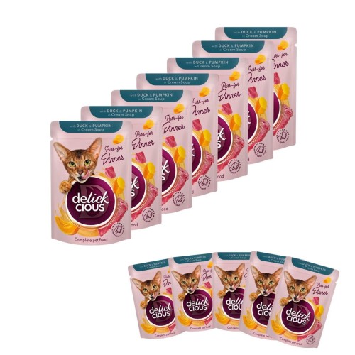 Mokra karma dla kota 12x85g z paskami z kaczką i dynią w zupie Delickcious