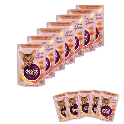 Mokra karma dla kota 12x85g z paskami z łososiem i serem w zupie Delickcious
