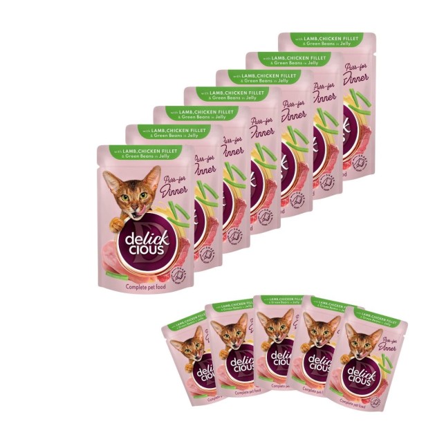 Mokra karma dla kota 12x85g z jagnięciną i kurczakiem z zieloną fasolką Delickcious