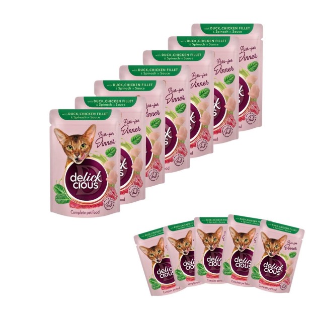 Mokra karma dla kota 12x85g z filetem z kaczki i kurczaka ze szpinakiem Delickcious
