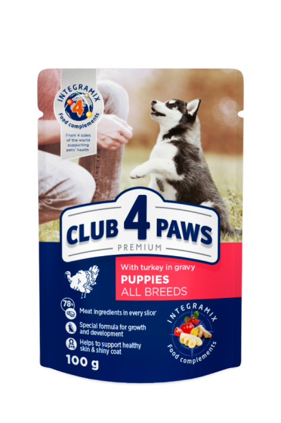 Mokra karma dla szczeniąt 24x100g z kurczakiem i indykiem MIX Club 4 Paws