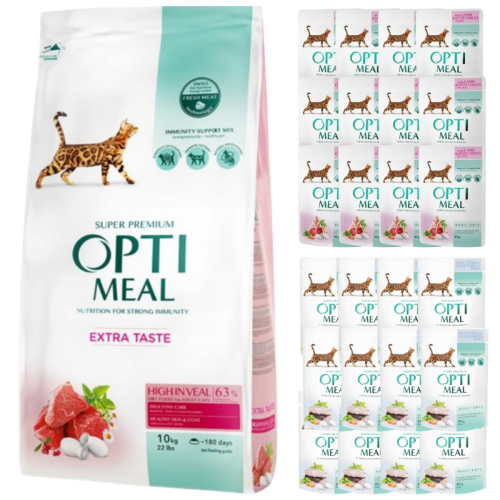 Sucha karma dla kota z cielęciną 10 kg + Saszetki z mokrą karmą Jagnięcina i Dorsz 24x85g Optimeal