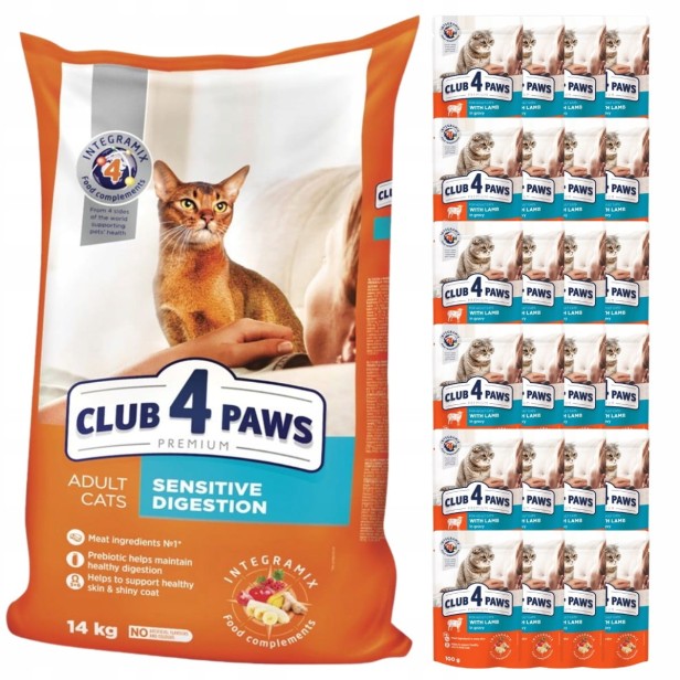 Sucha karma dla kotów - wrażliwy przewód pokarmowy 14 kg + Mokra karma dla kotów z jagnięciną w sosie 24x100g