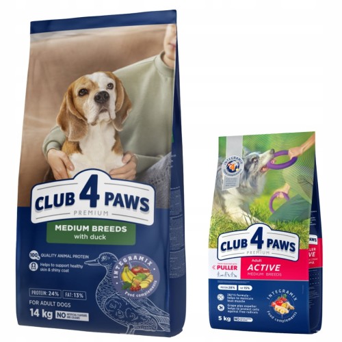 Sucha karma dla psów średnich ras z kaczką 14 kg + Sucha karma dla psów średnich ras "Active" 5 kg Club 4 Paws