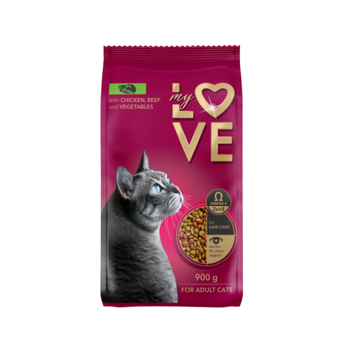 Sucha karma dla kotów dorosłych z kurczakiem, wołowiną i warzywami 900g My Love