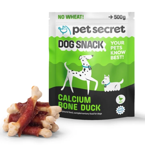 Treserki dla psa Pet Secret – kostki z wapniem i mięsem z kaczki 500 g prezentowane wraz z opakowaniem i naturalną formą produktu.