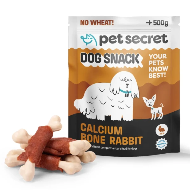 Treserki dla psa Pet Secret – kostki z wapniem i mięsem z królika 500 g prezentowane wraz z opakowaniem i naturalną formą produktu.