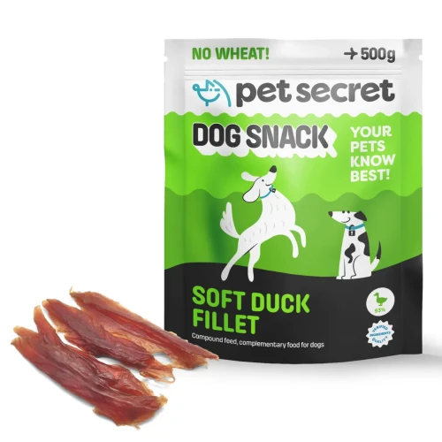 Przysmak dla psa Pet Secret z kaczką 500 g w opakowaniu z delikatnymi filetami.