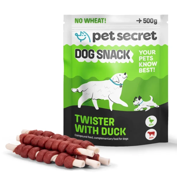 Przysmak dla psa Pet Secret z kaczką 500 g – twistery mięsne prezentowane wraz z opakowaniem.