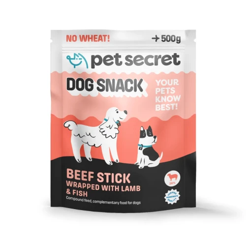 Pałeczki wołowe z jagnięciną i rybą Pet Secret 500 g – smakowity przysmak dla psa w praktycznym opakowaniu.
