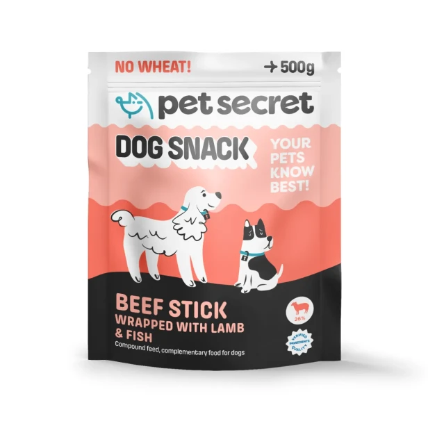 Pałeczki wołowe z jagnięciną i rybą Pet Secret 500 g – smakowity przysmak dla psa w praktycznym opakowaniu.