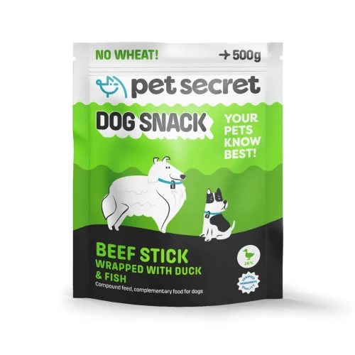 Pałeczki wołowe z kaczką i rybą Pet Secret 500 g – smakowity przysmak dla psa w wygodnym opakowaniu.