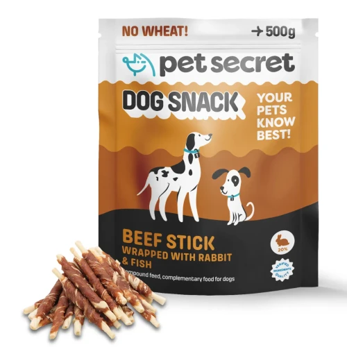 Przysmak dla psa Pet Secret – pałeczki wołowe z królikiem i rybą 500 g prezentowane wraz z opakowaniem.