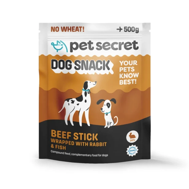 Pałeczki wołowe z królikiem i rybą Pet Secret 500 g – smakowity przysmak dla psa w praktycznym opakowaniu.