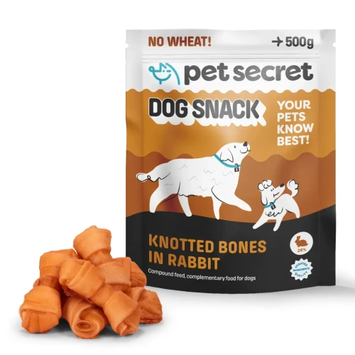 Przysmak dla psa Pet Secret – kostki w królika 500 g prezentowane wraz z opakowaniem i naturalną formą produktu.