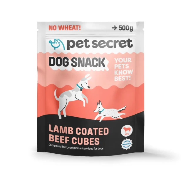 Kostki w jagnięcinie Pet Secret 500 g – smakowity przysmak dla psa w wygodnym, szczelnym opakowaniu.