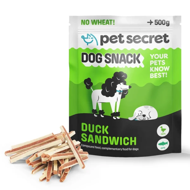 Przysmak dla psa Pet Secret – paski z kaczką 500 g prezentowane wraz z opakowaniem i naturalną formą produktu.