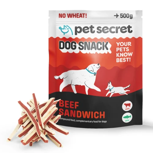 Przysmak dla psa Pet Secret – paski z wołowiną 500 g prezentowane wraz z opakowaniem i naturalną formą produktu.