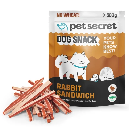 Przysmak dla psa Pet Secret – paski z królikiem 500 g prezentowane wraz z opakowaniem i naturalną formą produktu.