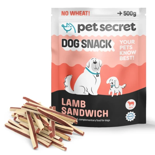 Przysmak dla psa Pet Secret – paski z jagnięciną 500 g prezentowane wraz z opakowaniem i naturalną formą produktu.