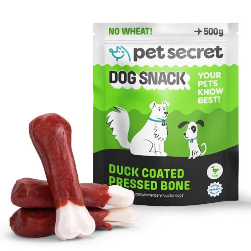 Przysmak dla psa Pet Secret – białe kości prasowane z kaczką 500 g prezentowane wraz z opakowaniem i naturalną formą produktu.