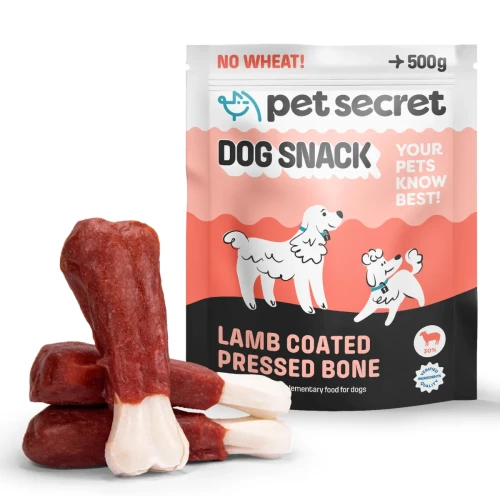 Przysmak dla psa Pet Secret – białe kości prasowane z jagnięciną 500 g prezentowane wraz z opakowaniem i naturalną formą produktu.