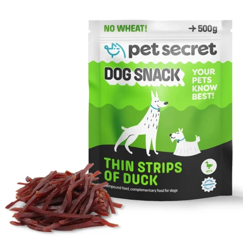 Przysmak dla psa Pet Secret – cieniutkie paseczki z kaczki 500 g prezentowane wraz z opakowaniem i naturalną formą produktu.