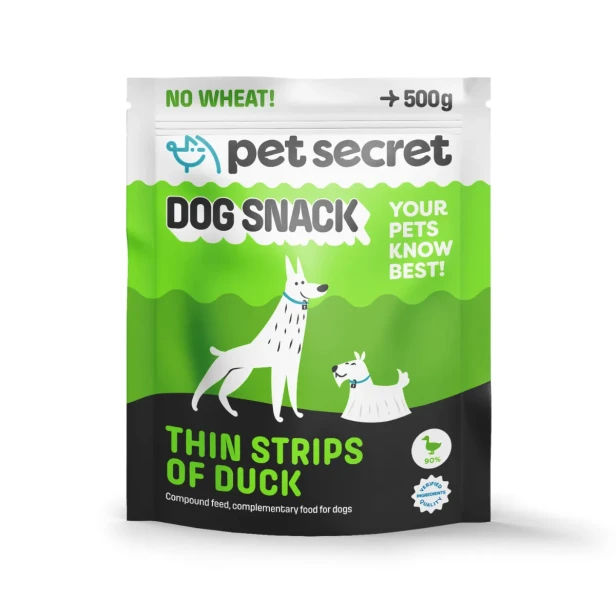 Cieniutkie paseczki z kaczki Pet Secret 500 g – smakowity przysmak dla psa w wygodnym, szczelnym opakowaniu.