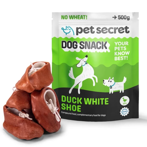 Przysmak dla psa Pet Secret – buciki białe w kaczce 500 g prezentowane wraz z opakowaniem i naturalną formą produktu.