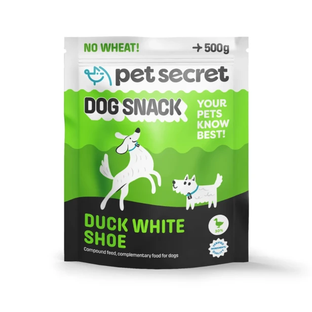 Buciki białe w kaczce Pet Secret 500 g – smakowity przysmak dla psa w praktycznym, szczelnym opakowaniu.