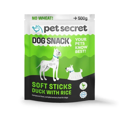 Paluszki z kaczką i ryżem Pet Secret 500 g – smakowity przysmak dla psa w praktycznym, szczelnym opakowaniu.
