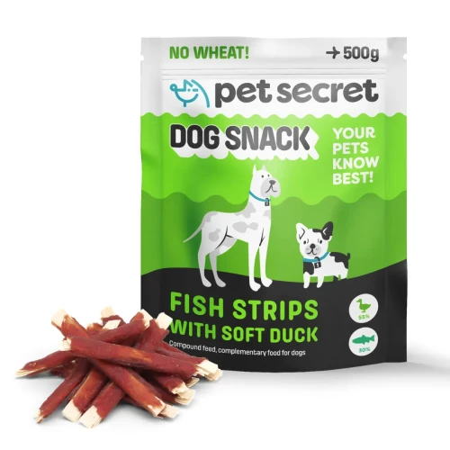 Przysmak dla psa Pet Secret – paluszki rybne z kaczką 500 g prezentowane wraz z opakowaniem i naturalną formą produktu.