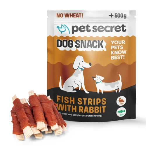 Przysmak dla psa Pet Secret – paluszki rybne z królikiem 500 g prezentowane wraz z opakowaniem i naturalną formą produktu.