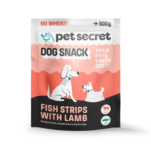 Paluszki rybne z jagnięciną Pet Secret 500 g – smakowity przysmak dla psa w praktycznym, szczelnym opakowaniu.