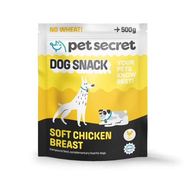 Miękka pierś z kurczaka Pet Secret 500 g – smakowity przysmak dla psa w praktycznym, szczelnym opakowaniu.