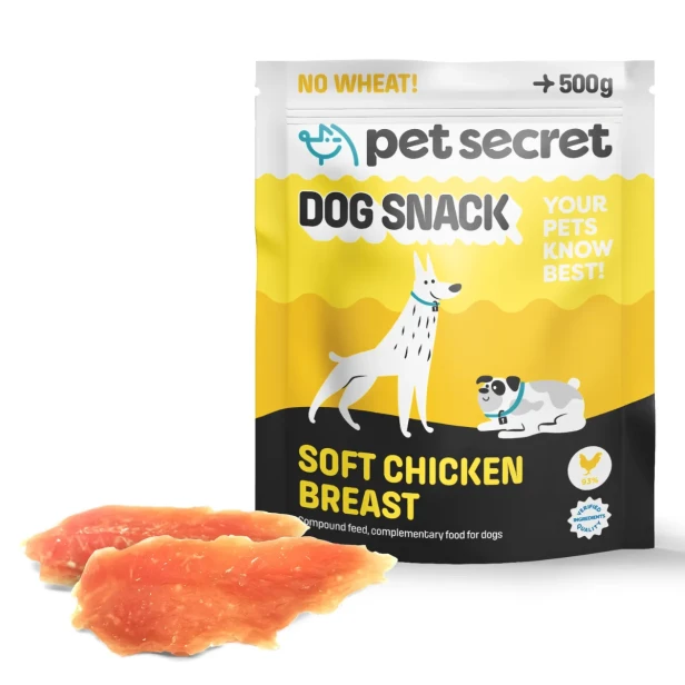 Przysmak dla psa Pet Secret – miękka pierś z kurczaka 500 g prezentowana wraz z opakowaniem i naturalną formą produktu.
