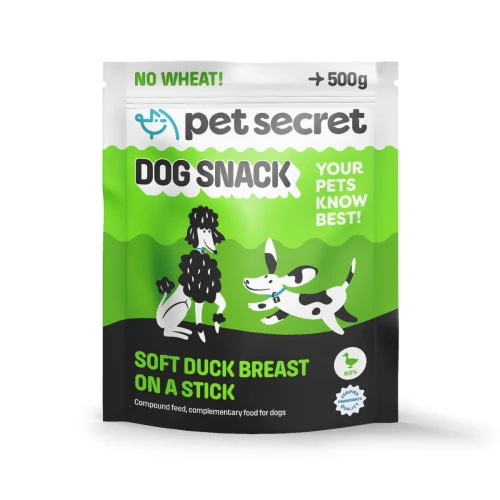 Miękka pierś z kaczki na patyku Pet Secret 500 g – smakowity przysmak dla psa w praktycznym, szczelnym opakowaniu.