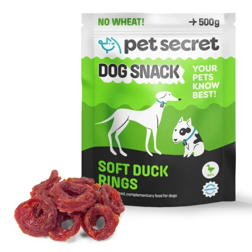 Przysmak dla psa Pet Secret – miękkie pierścienie z kaczki 500 g prezentowane wraz z opakowaniem i naturalną formą produktu.