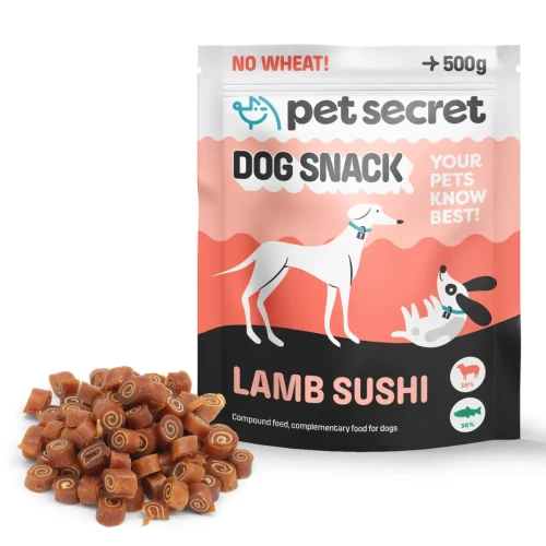 Przysmak dla psa Sushi z jagniecią 500g Pet Secret – opakowanie i kawałki karmy