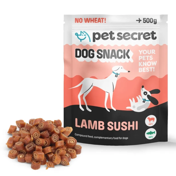 Przysmak dla psa Sushi z jagniecią 500g Pet Secret – opakowanie i kawałki karmy