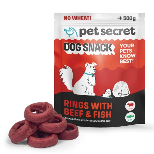 Przysmak dla psa Pet Secret – pierścienie z wołowiną i rybą 500 g prezentowane wraz z opakowaniem.