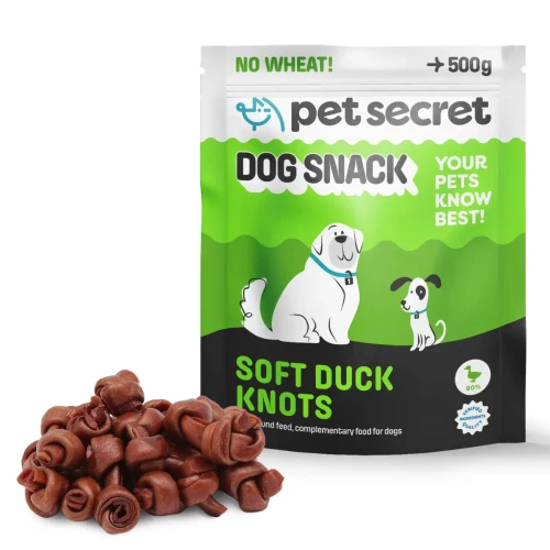 Przysmak dla psa Pet Secret – miękkie węzełki z kaczki 500 g prezentowane wraz z opakowaniem i naturalną formą produktu.
